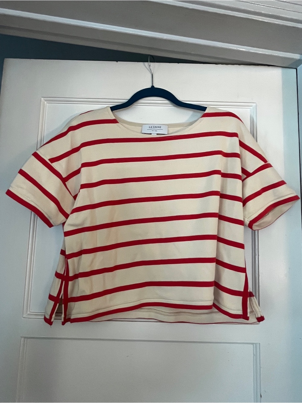 La Ligne Cream and Red Striped Short Sleeve Tee